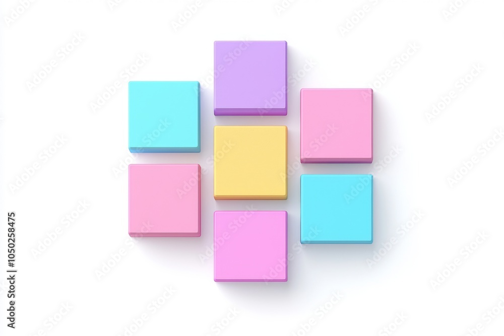 Poster colorful geometric blocks arranged in a playful pattern on a white background.