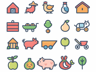 Obraz premium A set of 20 farm icons with a white background. The icons are all in a flat, colorful style and depict various farm animals, buildings, and produce.