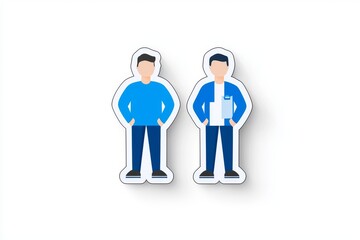 Two male figures in blue attire, representing casual and professional styles, on a clean white background.