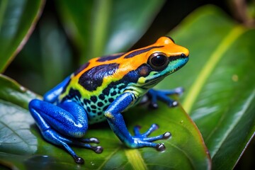 Fototapeta premium A colorful frog sits on a green leaf.AI GENERATED