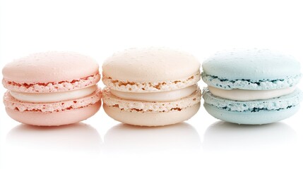 Obraz premium A trio of macarons in soft pastel colors, arranged in a neat stack and isolated on a bright white background.