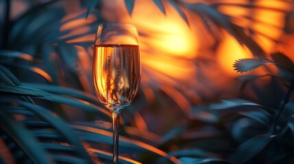Champagne glass with sunset reflection in tropical foliage.