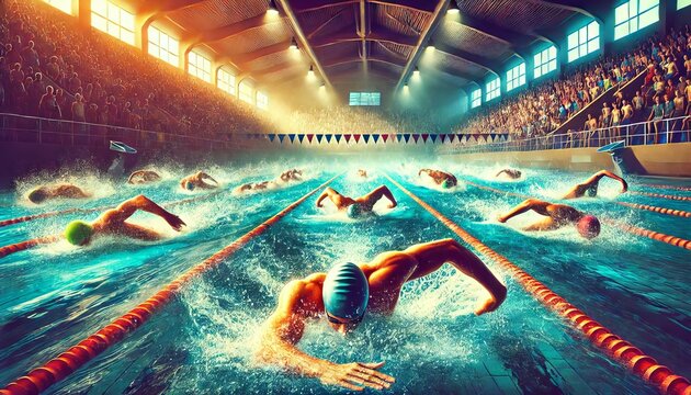 intense moment from a competitive swimming race in an indoor pool, capturing multiple swimmers mid-stroke as they push towards the finish line