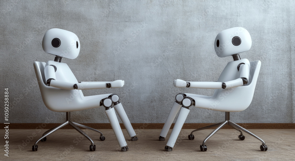 Poster two humanoid robots sit facing each other in swivel chairs. concept of artificial intelligence and c