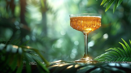Sparkling wine glass in a lush tropical jungle setting.