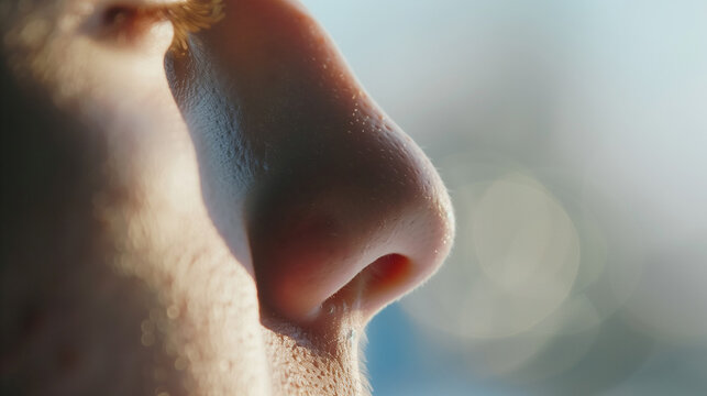 Close-up of a human nose during inhalation, highlighting the nostril and breathing action, with a soft focus background that emphasizes the respiratory process and human anatomy.

