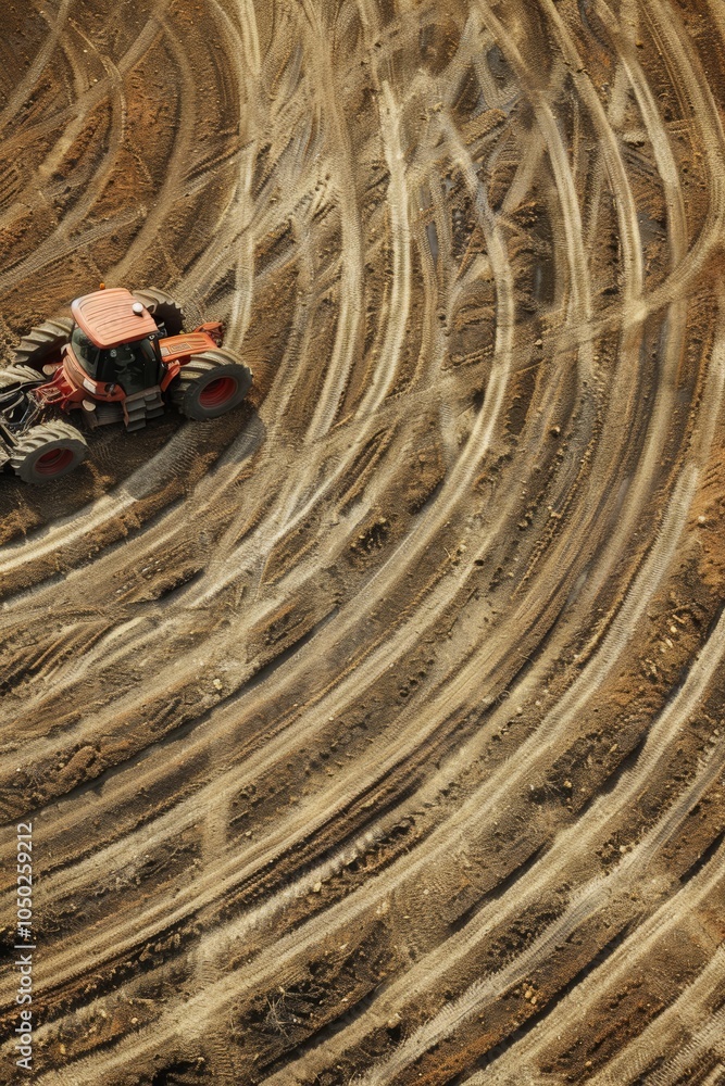 Poster overhead view of rotary tillage creating intricate soil patterns for agricultural design