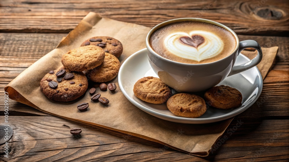 Poster a cup of coffee with latte art in the shape of a heart, accompanied by cookies and coffee beans on a