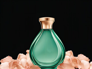 Green perfume bottle mock up with flowers, black background