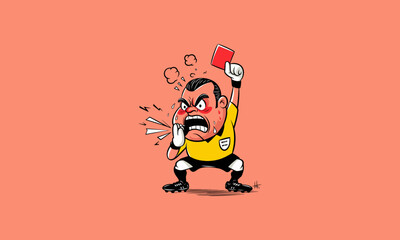 Angry referee showing a red card and shouting loudly.