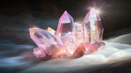 The glowing crystal showcases a product packaging mockup, shimmering with refracted light