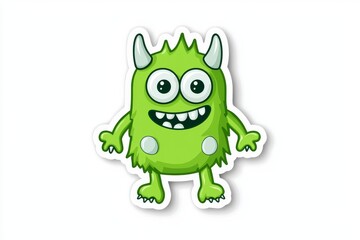 Fototapeta premium A cheerful green cartoon monster with big eyes, horns, and a friendly smile, perfect for children's designs.