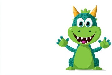 Fototapeta premium A cheerful green cartoon dragon with orange horns, wide eyes, and a big smile, waving enthusiastically.