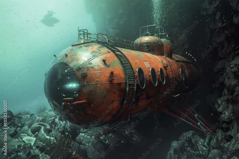 Poster old rusty submarine is exploring a deep ocean abyss searching for something