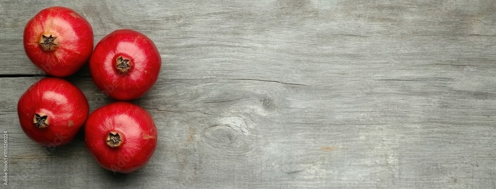 Poster aesthetic flat lay of pomegranates on rustic wood, creating a vibrant yet minimalistic composition p