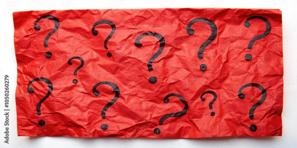 Poster A crumpled red paper with black question marks scattered across its surface, symbolizing confusion, uncertainty, and the quest for answers.