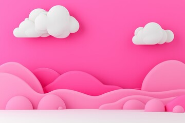 A vibrant pink landscape filled with soft, rounded forms and fluffy white clouds, creating a playful and whimsical atmosphere.