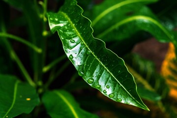 leaf with water drops in the garden