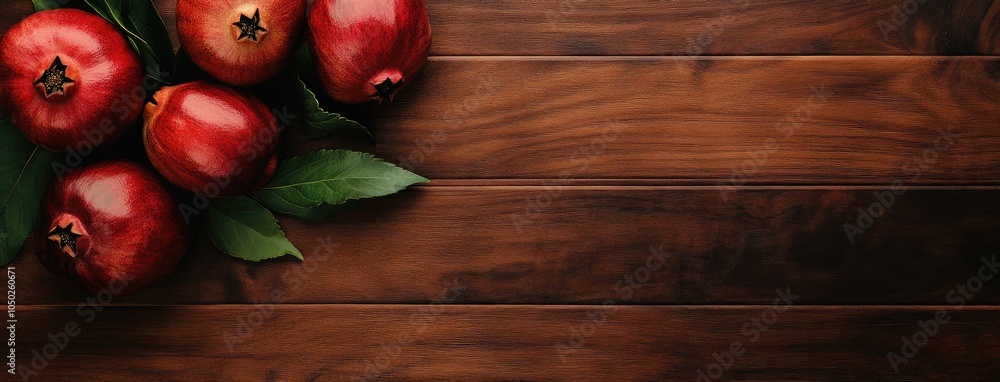 Poster a vibrant assembly of pomegranates on rustic wood, embracing a minimal aesthetic and inviting creati
