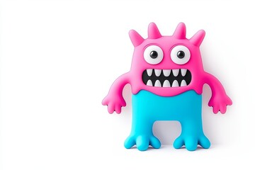 Fototapeta premium A colorful, cartoonish monster toy with a pink body and blue limbs, featuring large eyes and a wide, toothy grin.