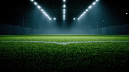 Soccer field with artificial turf, illuminated by bright lights in a dark indoor facility