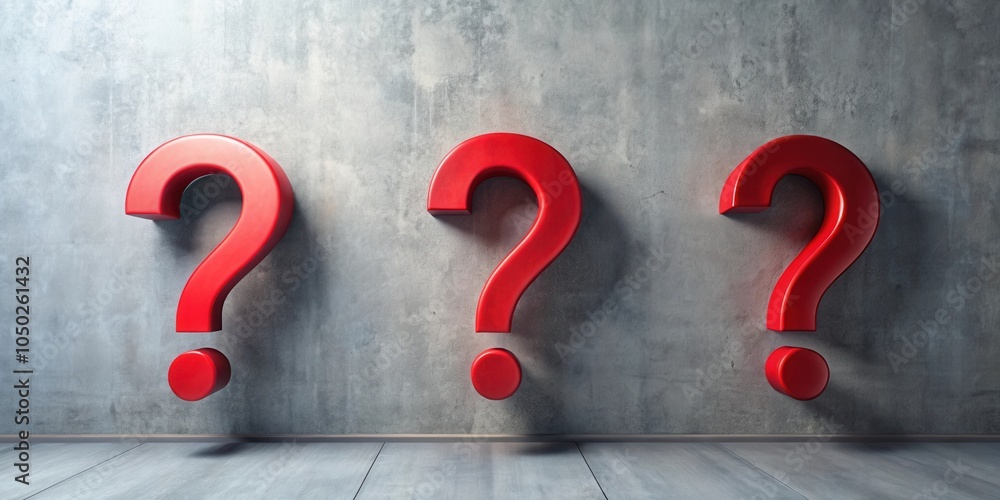 Poster three red question marks adorn a gray wall, emphasizing the concept of inquiry and uncertainty