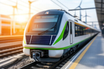 Obraz premium Modern eco-friendly train with solar panels at sunset