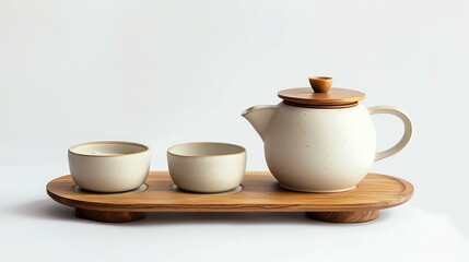 A white teapot with a wooden lid and two matching cups on a wooden tray.