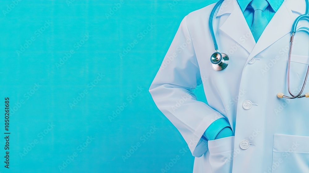 Poster a close-up view of a white doctor's coat and stethoscope elegantly displayed against a soft blue bac