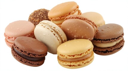 Fototapeta premium Colorful macarons in varying shades and flavors, with each one placed carefully next to each other on a seamless white background.