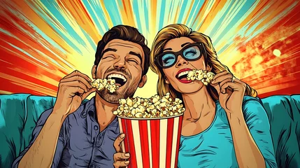 Fototapete Rund A couple, drawn in a pop art style, smiles and eats popcorn, against a colorful background of yellow, red, and blue, in a cinematic style. © Tcukimay