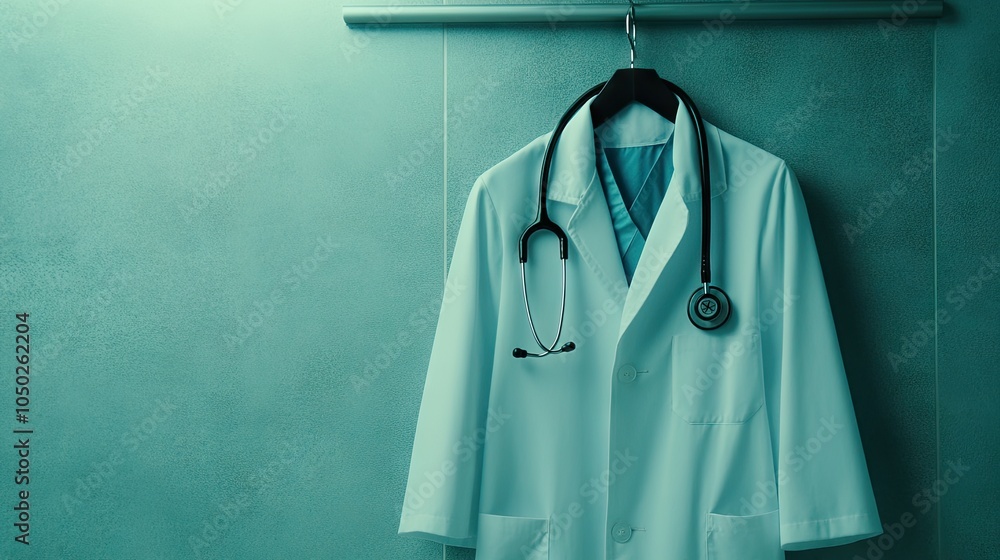 Poster a close-up view of a doctor's coat with a stethoscope hanging in a softly lit studio setting, creati