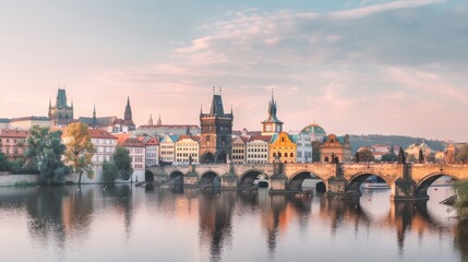 Fototapeta premium A charming view of the historic town of Prague with its medieval architecture and iconic Charles Bridge over the Vltava River, historic setting with soft evening light, Gothic style