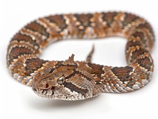 Obraz premium striking Gaboon Viper showcases its unique horn like scales and intricate patterns as it coils on clean white background illuminated dramatically from the side.