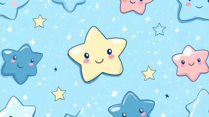 a seamless pattern with adorable kawaii-style stars on a light blue background, ideal for children's designs