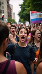 Fototapeta premium At a solidarity march participants display LGBTQ Gay Pride flags