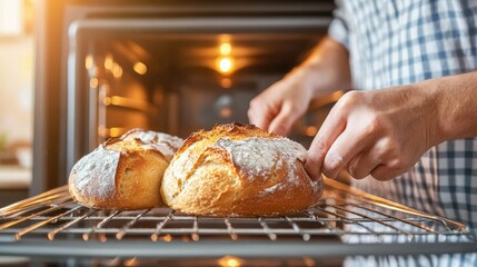 Flour-covered baker's hands adjusting the oven temperature as bread bakes, the soft glow from the oven light visible.