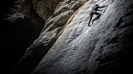 Climber Ascends Steep Rocky Cliff in Outdoor Adventure