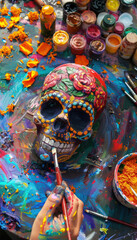 Fototapeta premium Vibrant Sugar Skull Decoration for Día de los Muertos with Floral Details and Marigold Accents