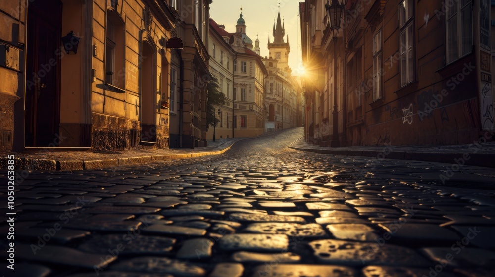 Poster a charming view of the old town in prague with cobblestone streets and historical architecture illum