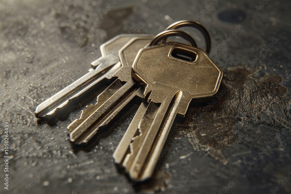 Aufkleber bunch of keys is lying on a scratched metallic surface, suggesting security and access