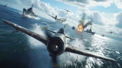 World war II scene. Fighter attacks ships