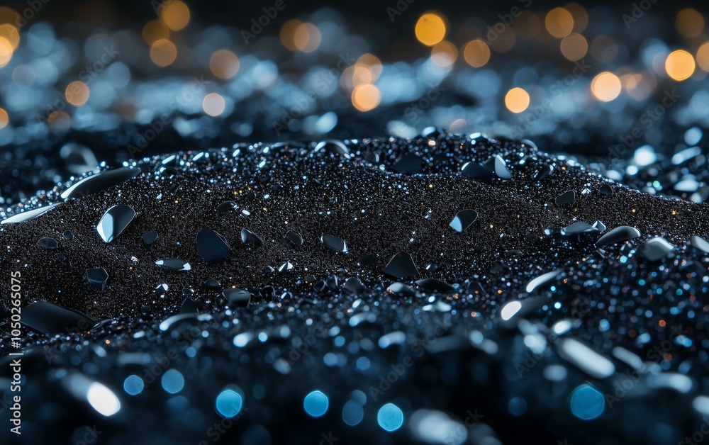 Wall mural abstract water droplets on black surface with bokeh lights, digital luxury elegant modern background