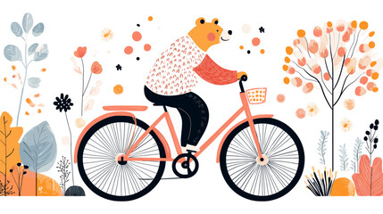 Fototapeta premium A cheerful bear pedals a pink bicycle surrounded by vibrant autumn foliage and blooming flowers, vector illustration.