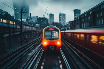 Obraz premium A vibrant train moves through an urban landscape. The city skyline looms in the background. A great picture for travel or transport themes. Generative AI
