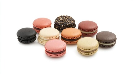 Fototapeta premium Macarons in a variety of colors and flavors, scattered across a plain white background, highlighting their rich, vibrant tones.