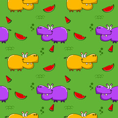 Fototapeta premium Hippopotamus yellow purple cartoon so cute eat watermelon.on green background.pattern seamless vector and illustration.