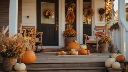 A charming farmhouse porch decorated for Thanksgiving. 