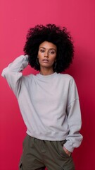 Photography of Young black woman wearing white sweatshirt mockup red background. Design pullover template, print presentation mock-up. text space