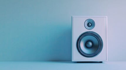 Modern acoustic speaker placed against a minimalist background, with a focus on its clean lines and high-end audio components.